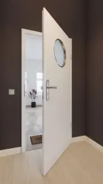 Front-Milieuansicht von GARANT Wohnungseingangstür D354-60 Designer White Resopal mit Lichtausschnitt LA-13