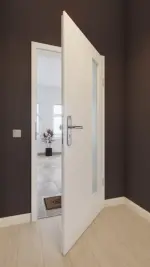 Front-Milieuansicht von GARANT Wohnungseingangstür Authentic Bianco GCK08 mit Lichtausschnitt LA-4 bandseitig