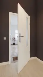 Front-Milieuansicht von GARANT Wohnungseingangstür 0105-60 Pearl White CePaL mit Lichtausschnitt LA-5 bandseitig