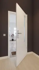 Front-Milieuansicht von GARANT Wohnungseingangstür Quer Authentic Bianco CePaL mit Lichtausschnitt LA-5 bandseitig