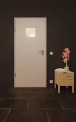 Front-Milieuansicht von GARANT Feuchtraumtür U12188SD Lichtgrau GHK08 mit Lichtausschnitt LA-7