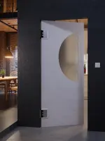 CloseUp-Milieuansicht von HÖRMANN Kunststoff-Pendeltür Granit mit Lichtausschnitt halbrund