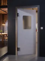 CloseUp-Milieuansicht von HÖRMANN Kunststoff-Pendeltür Granit mit Lichtausschnitt eckig inkl. Umfassungszarge