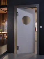 CloseUp-Milieuansicht von HÖRMANN Kunststoff-Pendeltür Granit mit Lichtausschnitt rund inkl. Blendrahmen