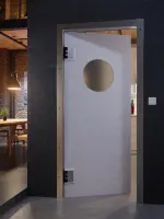 CloseUp-Milieuansicht von HÖRMANN Kunststoff-Pendeltür Granit mit Lichtausschnitt rund inkl. Umfassungszarge