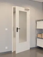 CloseUp-Flur-Milieuansicht von GARANT Rauchschutztür Authentic Perl CePaL mit Lichtausschnitt LA-DIN