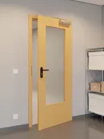 CloseUp-Flur-Milieuansicht von GARANT Rauchschutztür Buche Exklusiv CePaL mit Lichtausschnitt LA-DIN