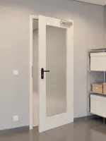 CloseUp-Flur-Milieuansicht von GARANT Rauchschutztür Authentic Perl CePaL mit Lichtausschnitt LA-2