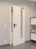 CloseUp-Flur-Milieuansicht von GARANT Rauchschutztür 0140-60 Dawn Resopal mit Lichtausschnitt LA-4 bandseitig