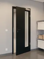 CloseUp-Flur-Milieuansicht von GARANT Rauchschutztür 0901-60 Black Resopal mit Lichtausschnitt LA-4 bandseitig