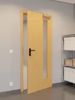 CloseUp-Flur-Milieuansicht von GARANT Rauchschutztür Buche Exklusiv CePaL mit Lichtausschnitt LA-4 bandseitig