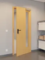 CloseUp-Flur-Milieuansicht von GARANT Rauchschutztür Buche Exklusiv GCK08 mit Lichtausschnitt LA-4 bandseitig