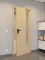 CloseUp-Flur-Milieuansicht von GARANT Rauchschutztür Quer Authentic Asteiche CePaL mit Lichtausschnitt LA-4 bandseitig