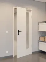 CloseUp-Flur-Milieuansicht von GARANT Rauchschutztür Quer Authentic Perl GCK08 mit Lichtausschnitt LA-4 bandseitig