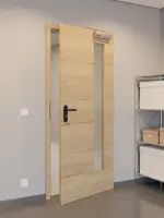 CloseUp-Flur-Milieuansicht von GARANT Rauchschutztür Quer Authentic Risseiche GCK08 mit Lichtausschnitt LA-4 bandseitig