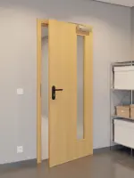 CloseUp-Flur-Milieuansicht von GARANT Rauchschutztür Eiche Premium CePaL mit Lichtausschnitt LA-4 bandseitig