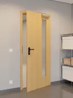 CloseUp-Flur-Milieuansicht von GARANT Rauchschutztür Eiche Premium GCK08 mit Lichtausschnitt LA-4 bandseitig