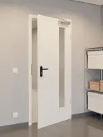 CloseUp-Flur-Milieuansicht von GARANT Rauchschutztür Weißlack 9010 CePaL mit Lichtausschnitt LA-4 bandseitig