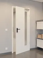 CloseUp-Flur-Milieuansicht von GARANT Rauchschutztür Weißlack 9010 mit Lichtausschnitt LA-4 bandseitig