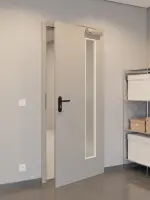 CloseUp-Flur-Milieuansicht von GARANT Rauchschutztür U12115SD Platingrau GHK08 mit Lichtausschnitt LA-4 bandseitig