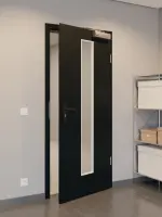 CloseUp-Flur-Milieuansicht von GARANT Rauchschutztür 0901-60 Black Resopal mit Lichtausschnitt LA-4 mittig