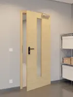 CloseUp-Flur-Milieuansicht von GARANT Rauchschutztür Quer Authentic Asteiche CePaL mit Lichtausschnitt LA-4 mittig