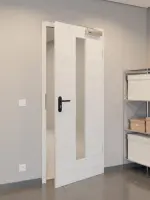 CloseUp-Flur-Milieuansicht von GARANT Rauchschutztür Quer Authentic Grigio GCK08 mit Lichtausschnitt LA-4 mittig