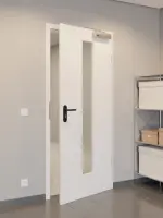 CloseUp-Flur-Milieuansicht von GARANT Rauchschutztür D354-60 Designer White Resopal mit Lichtausschnitt LA-4 mittig