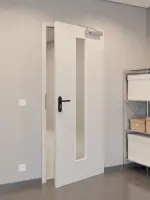 CloseUp-Flur-Milieuansicht von GARANT Rauchschutztür D92-60 Dove Grey Resopal mit Lichtausschnitt LA-4 mittig