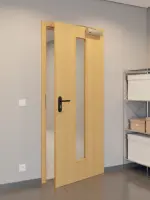 CloseUp-Flur-Milieuansicht von GARANT Rauchschutztür Eiche Premium CePaL mit Lichtausschnitt LA-4 mittig