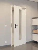 CloseUp-Flur-Milieuansicht von GARANT Rauchschutztür Weißlack 9010 GHK08 mit Lichtausschnitt LA-4 mittig
