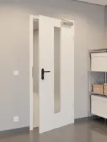 CloseUp-Flur-Milieuansicht von GARANT Rauchschutztür Weiß Struktur Premium CePaL mit Lichtausschnitt LA-4 mittig