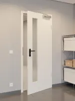 CloseUp-Flur-Milieuansicht von GARANT Rauchschutztür 0140-60 Dawn Resopal mit Lichtausschnitt LA-4 schlossseitig