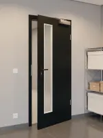 CloseUp-Flur-Milieuansicht von GARANT Rauchschutztür 0901-60 Black Resopal mit Lichtausschnitt LA-4 schlossseitig