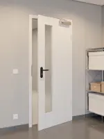 CloseUp-Flur-Milieuansicht von GARANT Rauchschutztür Authentic Grigio CePaL mit Lichtausschnitt LA-4 schlossseitig