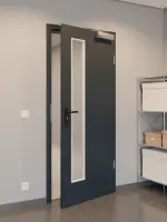 CloseUp-Flur-Milieuansicht von GARANT Rauchschutztür U12000SD Vulkanschwarz GHK08 mit Lichtausschnitt LA-4 schlossseitig