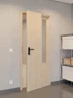 CloseUp-Flur-Milieuansicht von GARANT Rauchschutztür Authentic Achat CePaL mit Lichtausschnitt LA-5 bandseitig