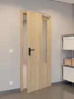 CloseUp-Flur-Milieuansicht von GARANT Rauchschutztür Authentic Risseiche CePaL mit Lichtausschnitt LA-5 bandseitig