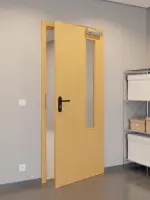 CloseUp-Flur-Milieuansicht von GARANT Rauchschutztür Buche Exklusiv CePaL mit Lichtausschnitt LA-5 bandseitig