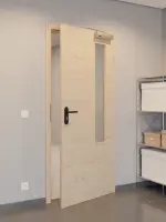 CloseUp-Flur-Milieuansicht von GARANT Rauchschutztür Quer Authentic Achat CePaL mit Lichtausschnitt LA-5 bandseitig