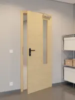 CloseUp-Flur-Milieuansicht von GARANT Rauchschutztür Quer Authentic Asteiche CePaL mit Lichtausschnitt LA-5 bandseitig