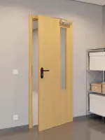 CloseUp-Flur-Milieuansicht von GARANT Rauchschutztür Eiche Premium CePaL mit Lichtausschnitt LA-5 bandseitig