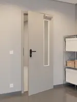 CloseUp-Flur-Milieuansicht von GARANT Rauchschutztür U12115SD Platingrau GHK08 mit Lichtausschnitt LA-5 bandseitig