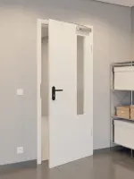 CloseUp-Flur-Milieuansicht von GARANT Rauchschutztür Weiß Struktur Premium CePaL mit Lichtausschnitt LA-5 bandseitig