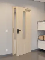 CloseUp-Flur-Milieuansicht von GARANT Rauchschutztür Authentic Achat CePaL mit Lichtausschnitt LA-5 mittig