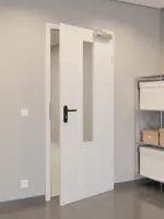 CloseUp-Flur-Milieuansicht von GARANT Rauchschutztür Authentic Grigio CePaL mit Lichtausschnitt LA-5 mittig