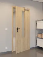 CloseUp-Flur-Milieuansicht von GARANT Rauchschutztür Authentic Risseiche CePaL mit Lichtausschnitt LA-5 mittig