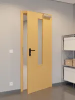 CloseUp-Flur-Milieuansicht von GARANT Rauchschutztür Buche Exklusiv CePaL mit Lichtausschnitt LA-5 mittig