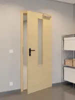 CloseUp-Flur-Milieuansicht von GARANT Rauchschutztür Quer Authentic Asteiche CePaL mit Lichtausschnitt LA-5 mittig