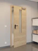 CloseUp-Flur-Milieuansicht von GARANT Rauchschutztür Quer Authentic Risseiche CePaL mit Lichtausschnitt LA-5 mittig